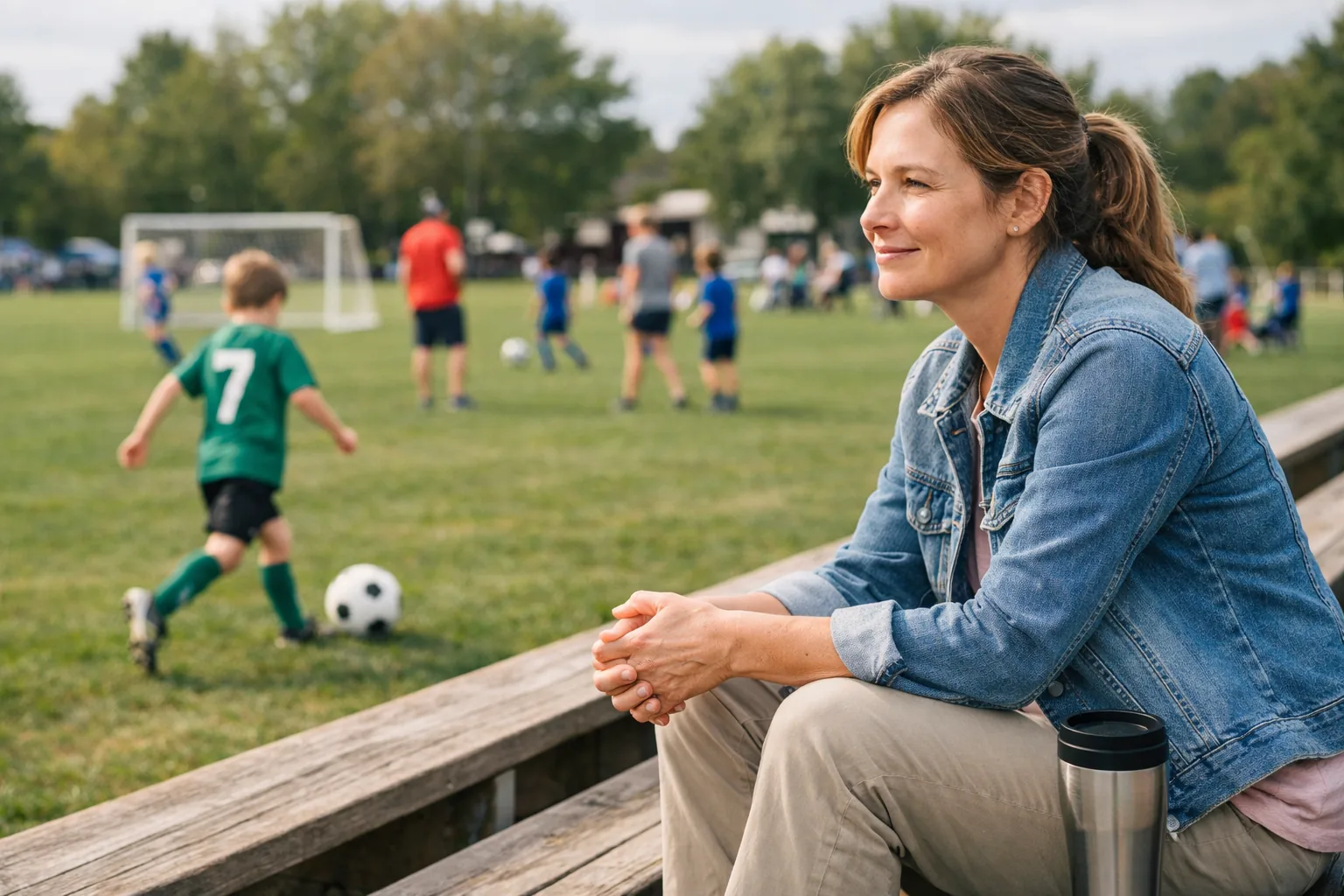 A mom sits on the bleachers, relaxed, watching her son play soccer